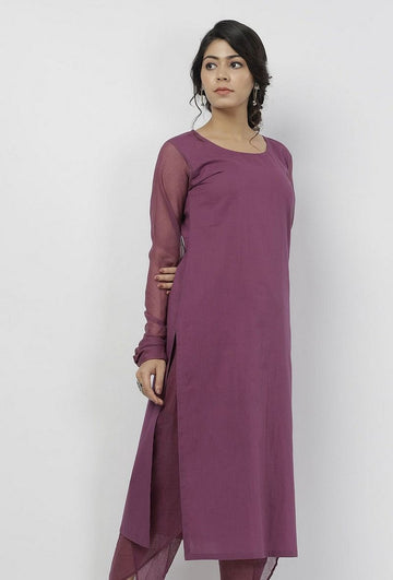 Iya Purple Round Neck Straight Fit Cotton and Kota Sleeves Plain Kurta